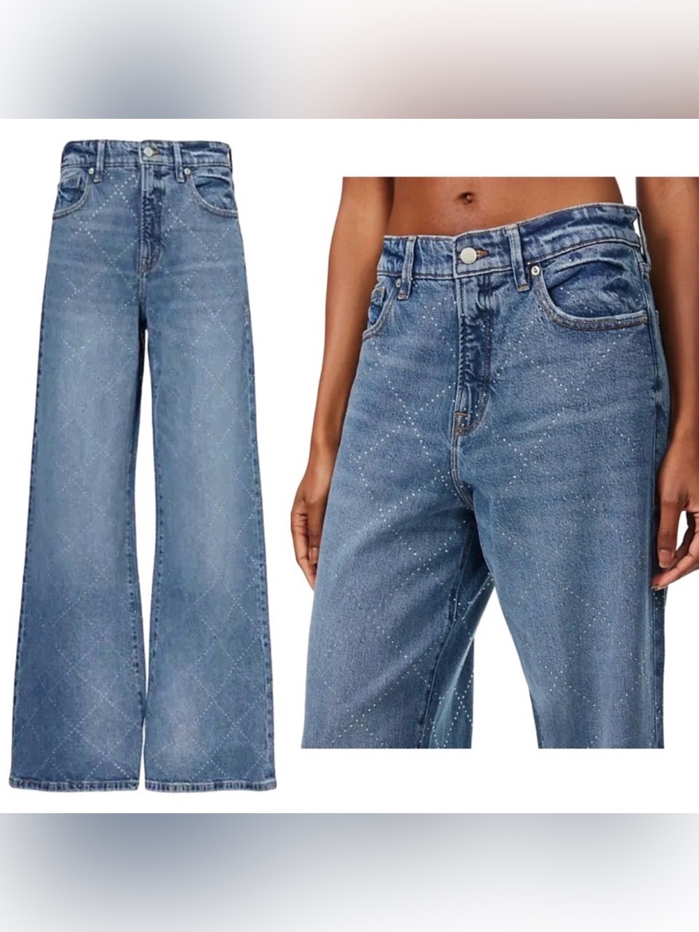 Good American Rhinestone Embellished wide-leg Jeans by 33" Inseam